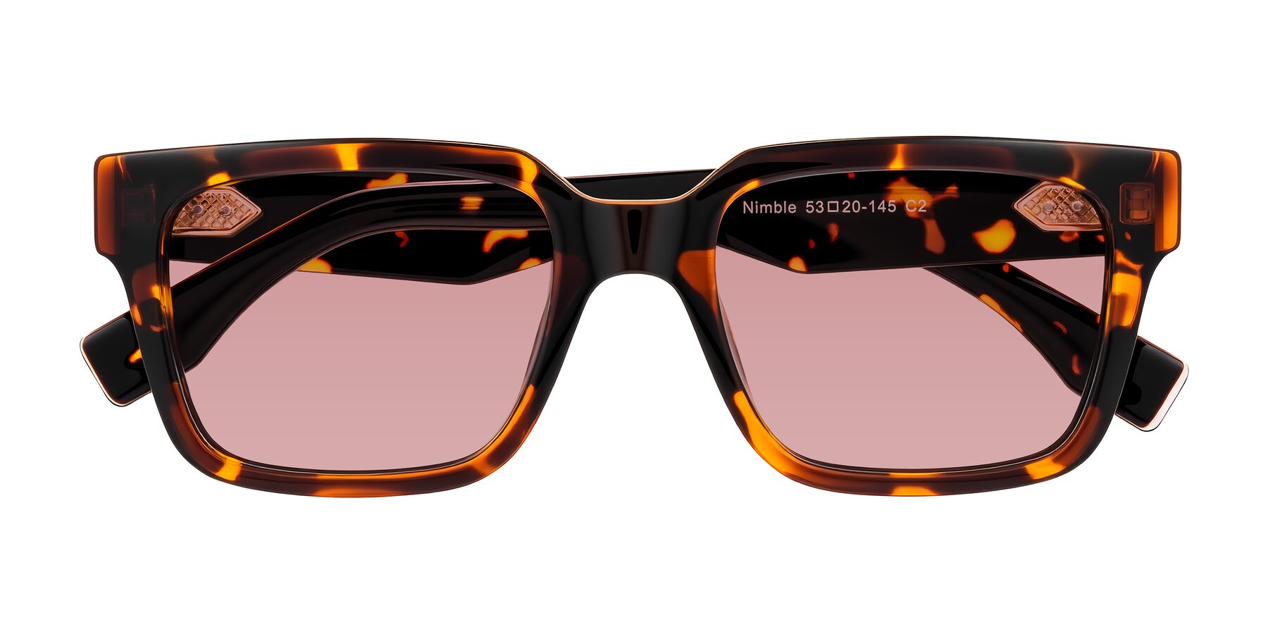 Folded Front of Nimble in Tortoise with Medium Garnet Tinted Lenses