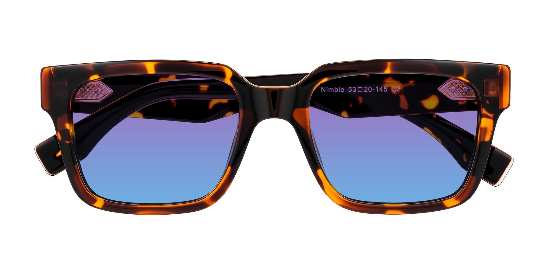 Folded Front of Nimble in Tortoise with Purple / Blue Gradient Lenses