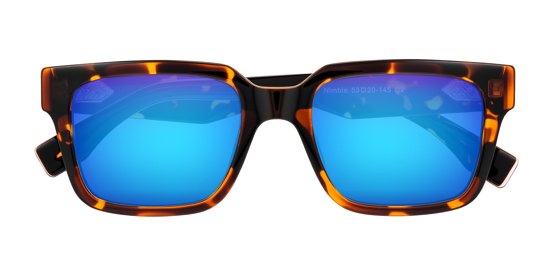 Folded Front of Nimble in Tortoise with Blue Mirrored Lenses