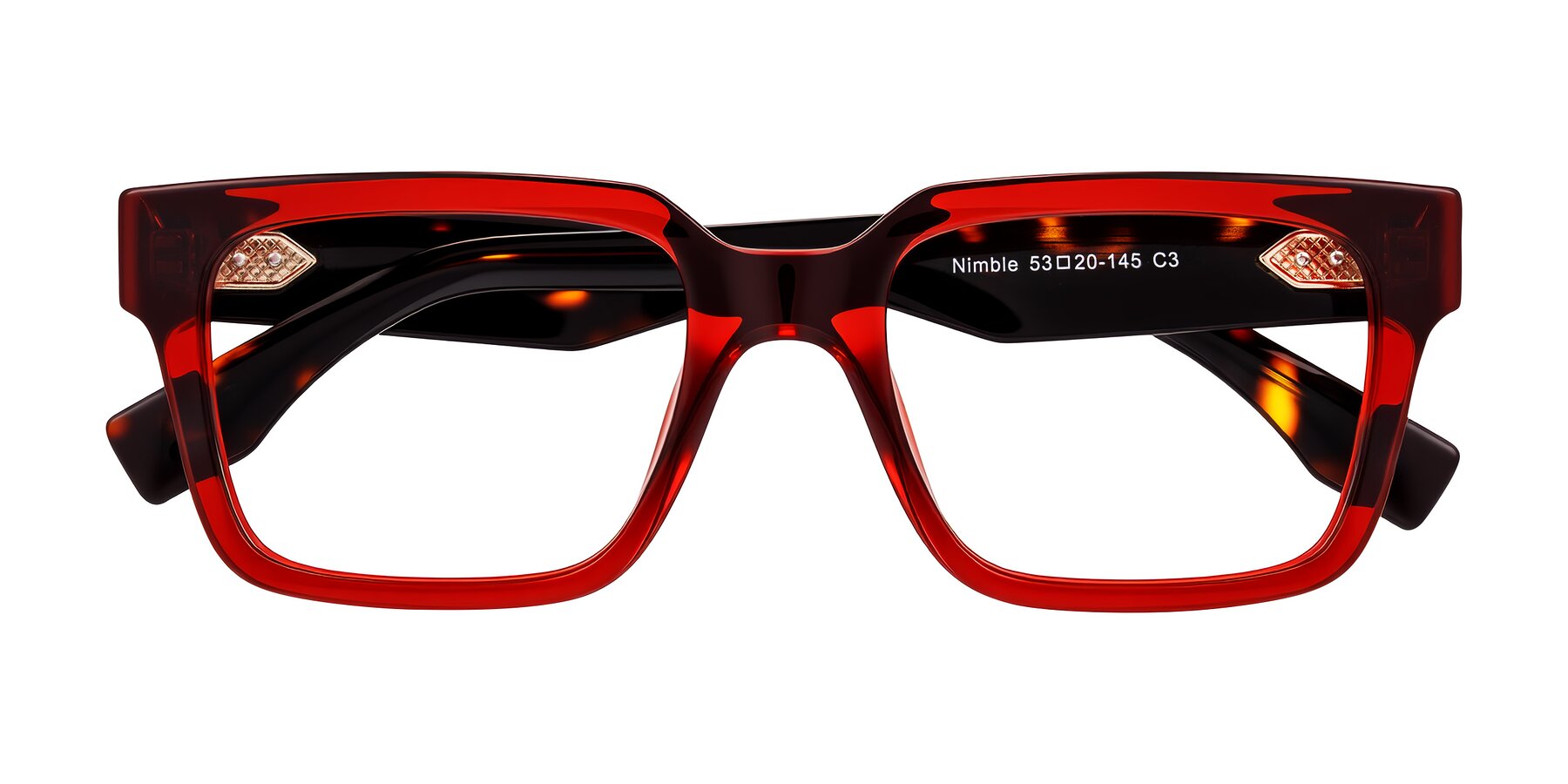 Folded Front of Nimble in Wine/Tortoise with Clear Eyeglass Lenses