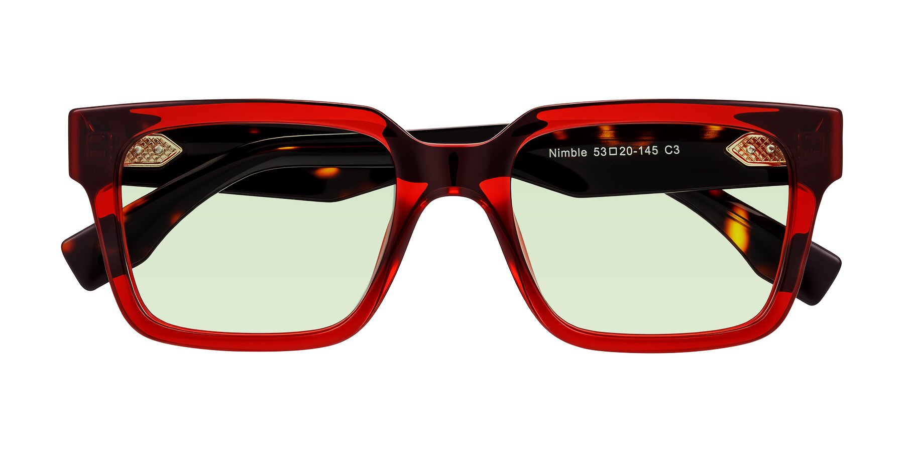 Folded Front of Nimble in Wine/Tortoise with Light Green Tinted Lenses