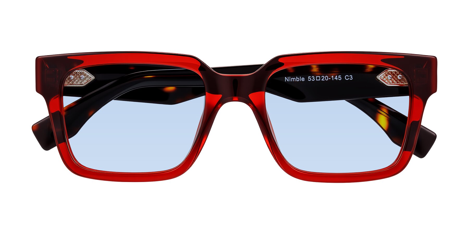 Folded Front of Nimble in Wine/Tortoise with Light Blue Tinted Lenses