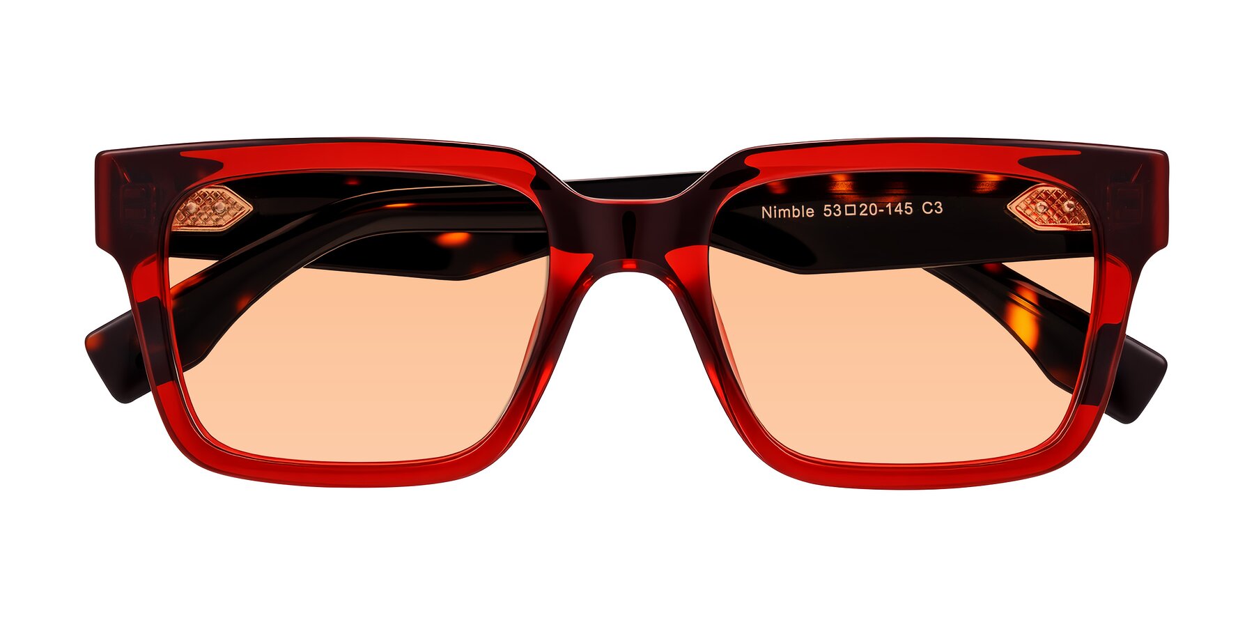 Folded Front of Nimble in Wine/Tortoise with Light Orange Tinted Lenses