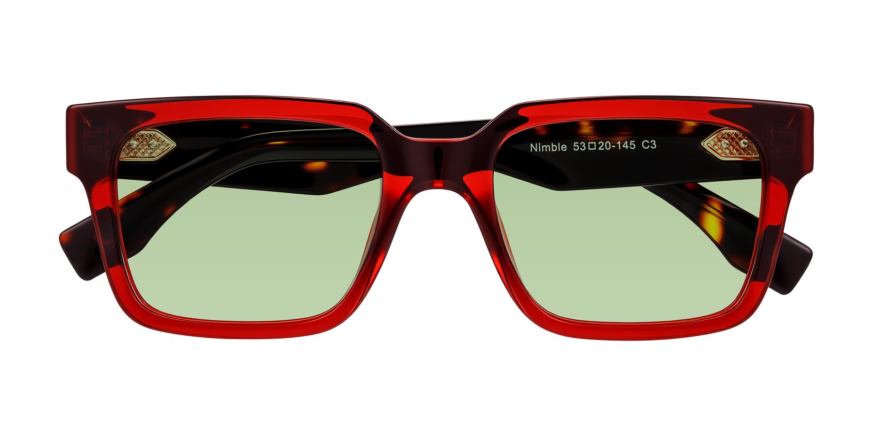 Folded Front of Nimble in Wine/Tortoise with Medium Green Tinted Lenses