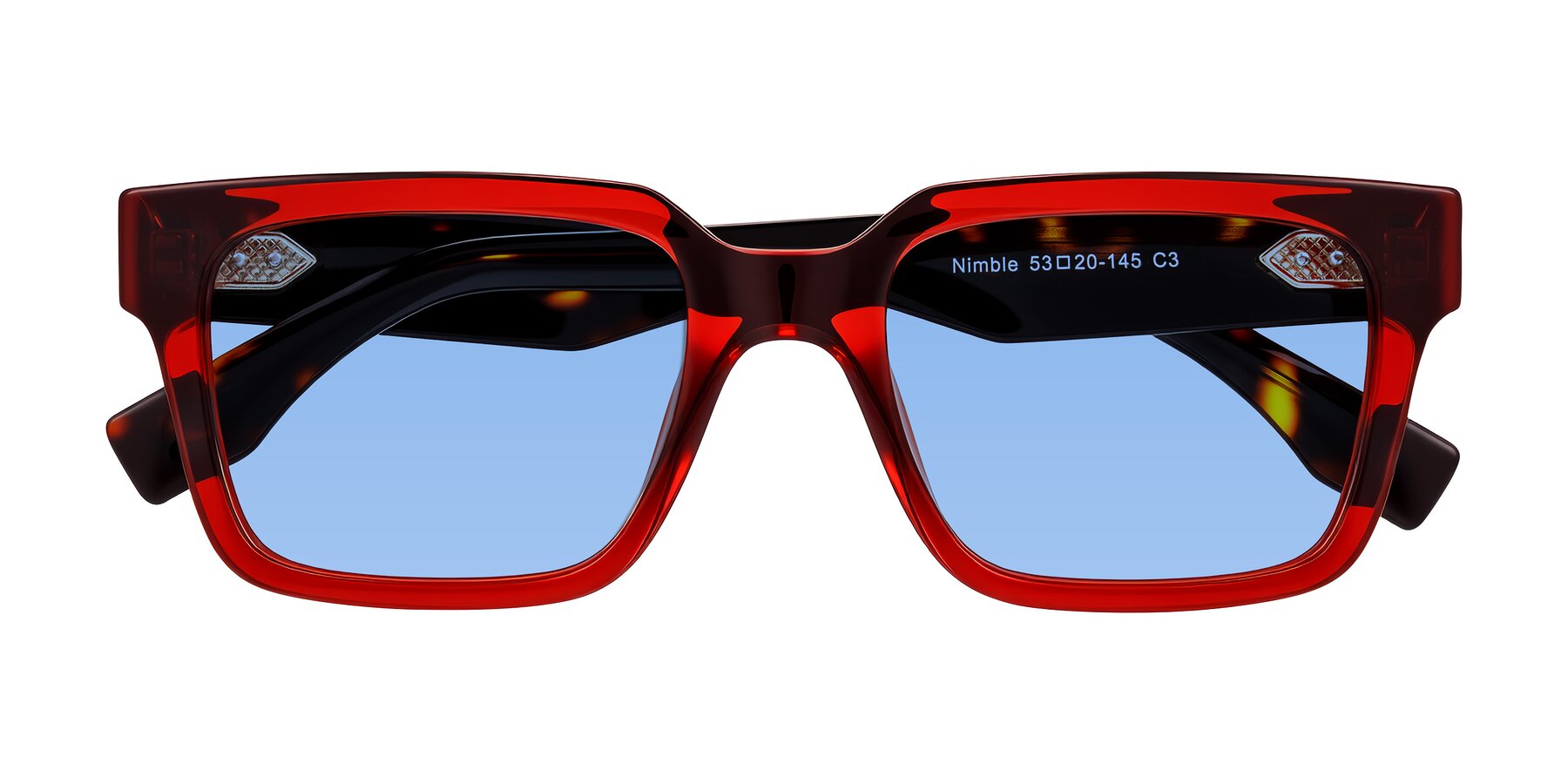 Folded Front of Nimble in Wine/Tortoise with Medium Blue Tinted Lenses