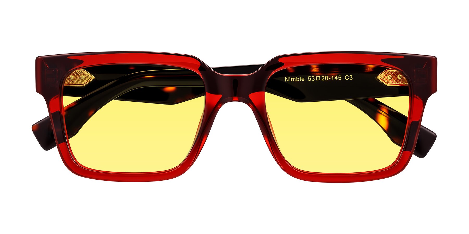 Folded Front of Nimble in Wine/Tortoise with Medium Yellow Tinted Lenses