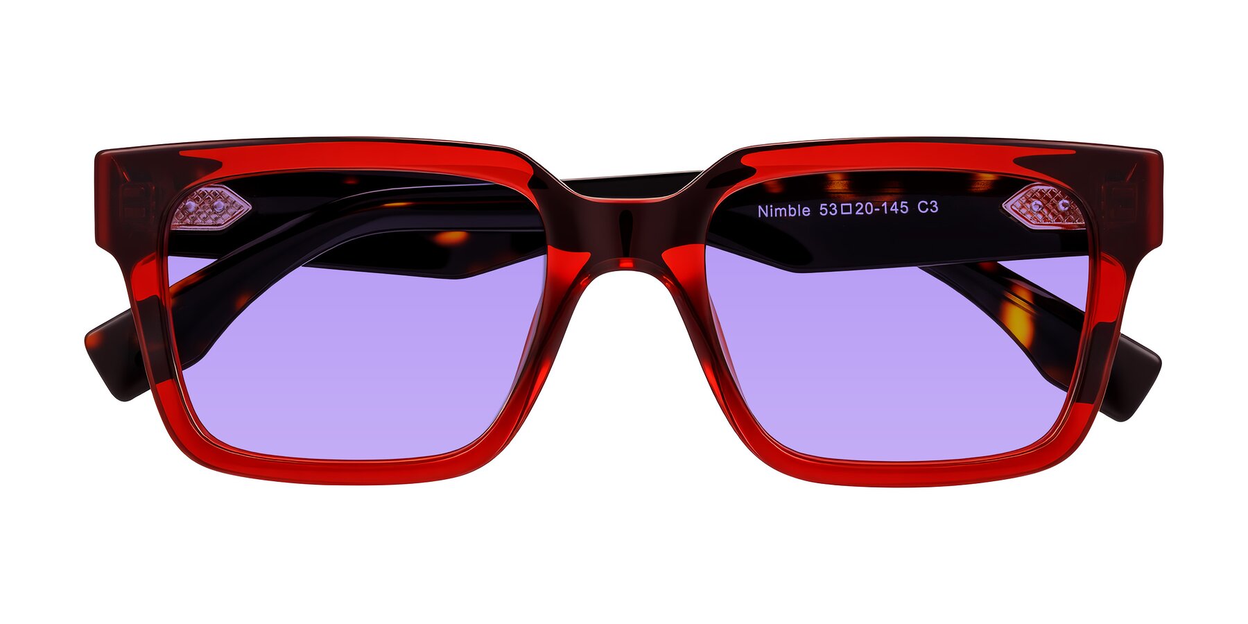 Folded Front of Nimble in Wine/Tortoise with Medium Purple Tinted Lenses