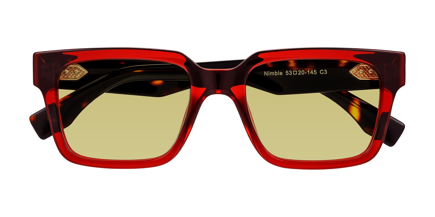 Folded Front of Nimble in Wine/Tortoise with Medium Champagne Tinted Lenses