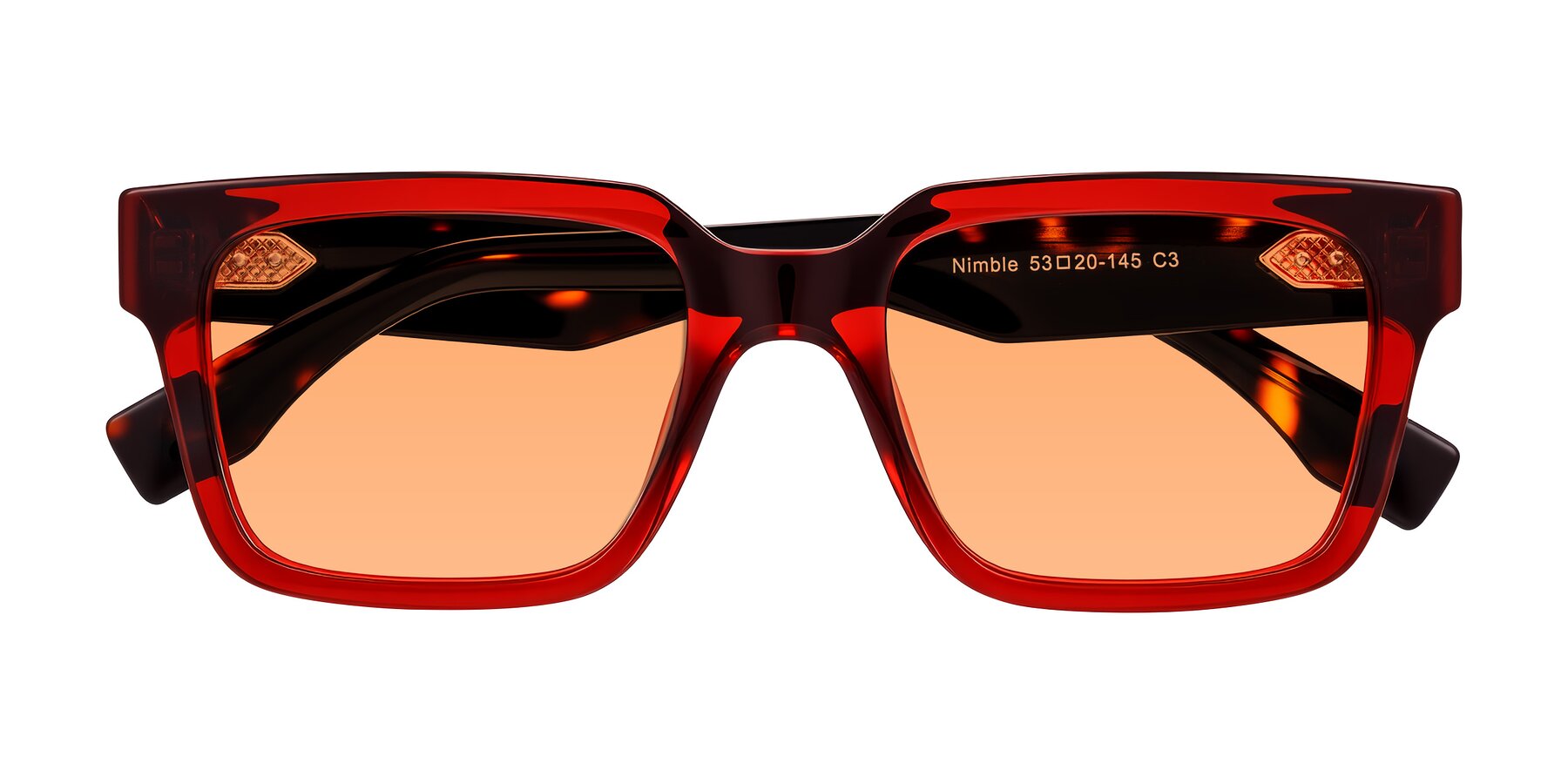 Folded Front of Nimble in Wine/Tortoise with Medium Orange Tinted Lenses