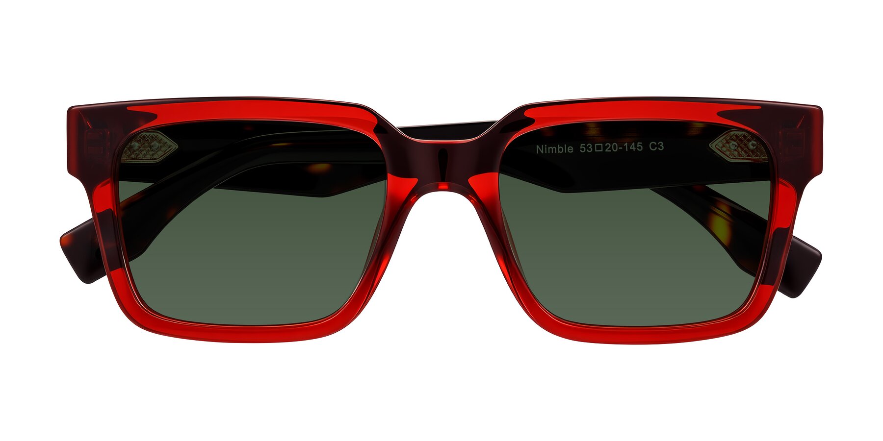 Folded Front of Nimble in Wine/Tortoise with Green Tinted Lenses