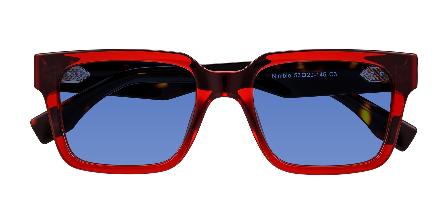 Folded Front of Nimble in Wine/Tortoise with Blue Tinted Lenses