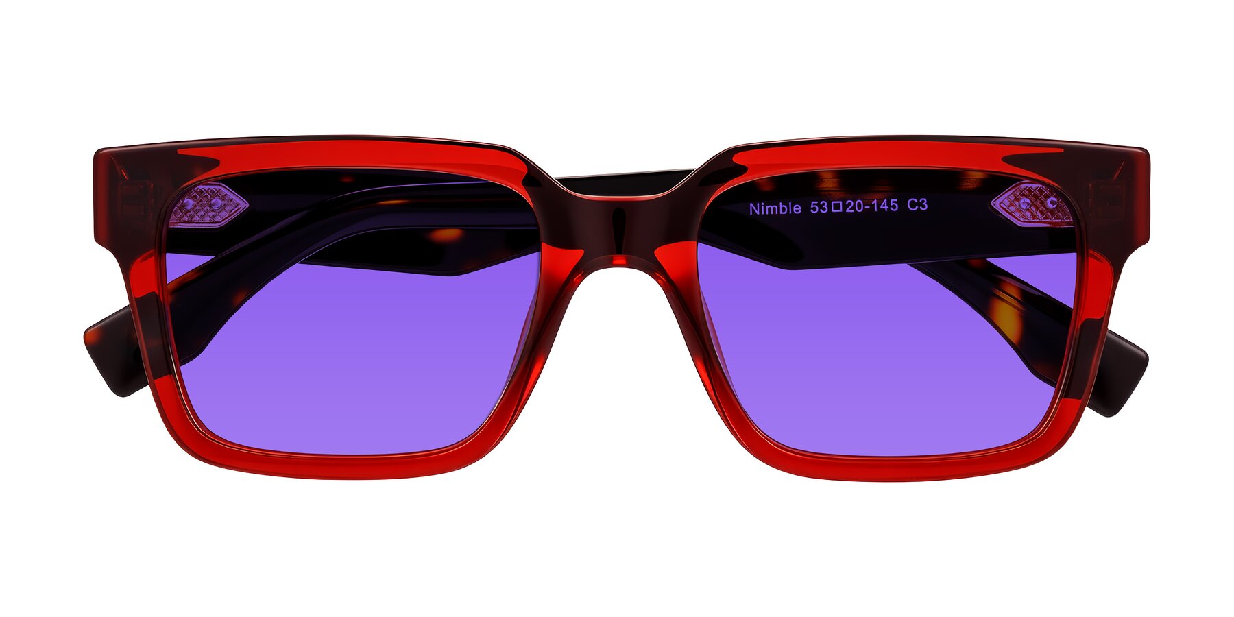 Folded Front of Nimble in Wine/Tortoise with Purple Tinted Lenses