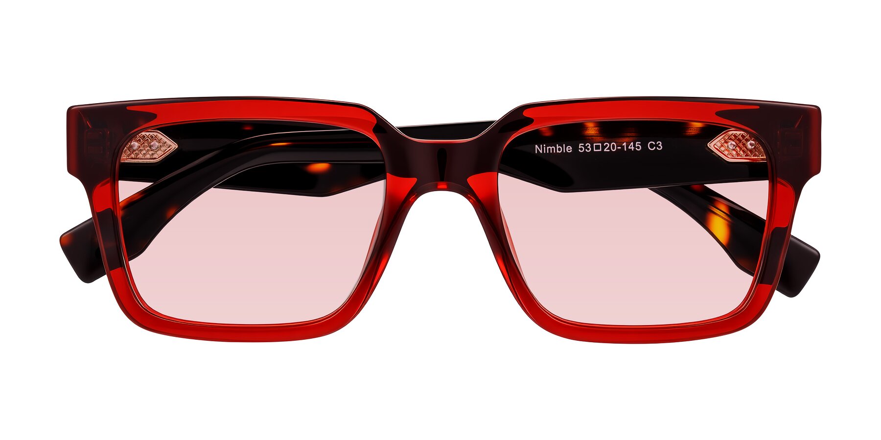 Folded Front of Nimble in Wine/Tortoise with Light Garnet Tinted Lenses