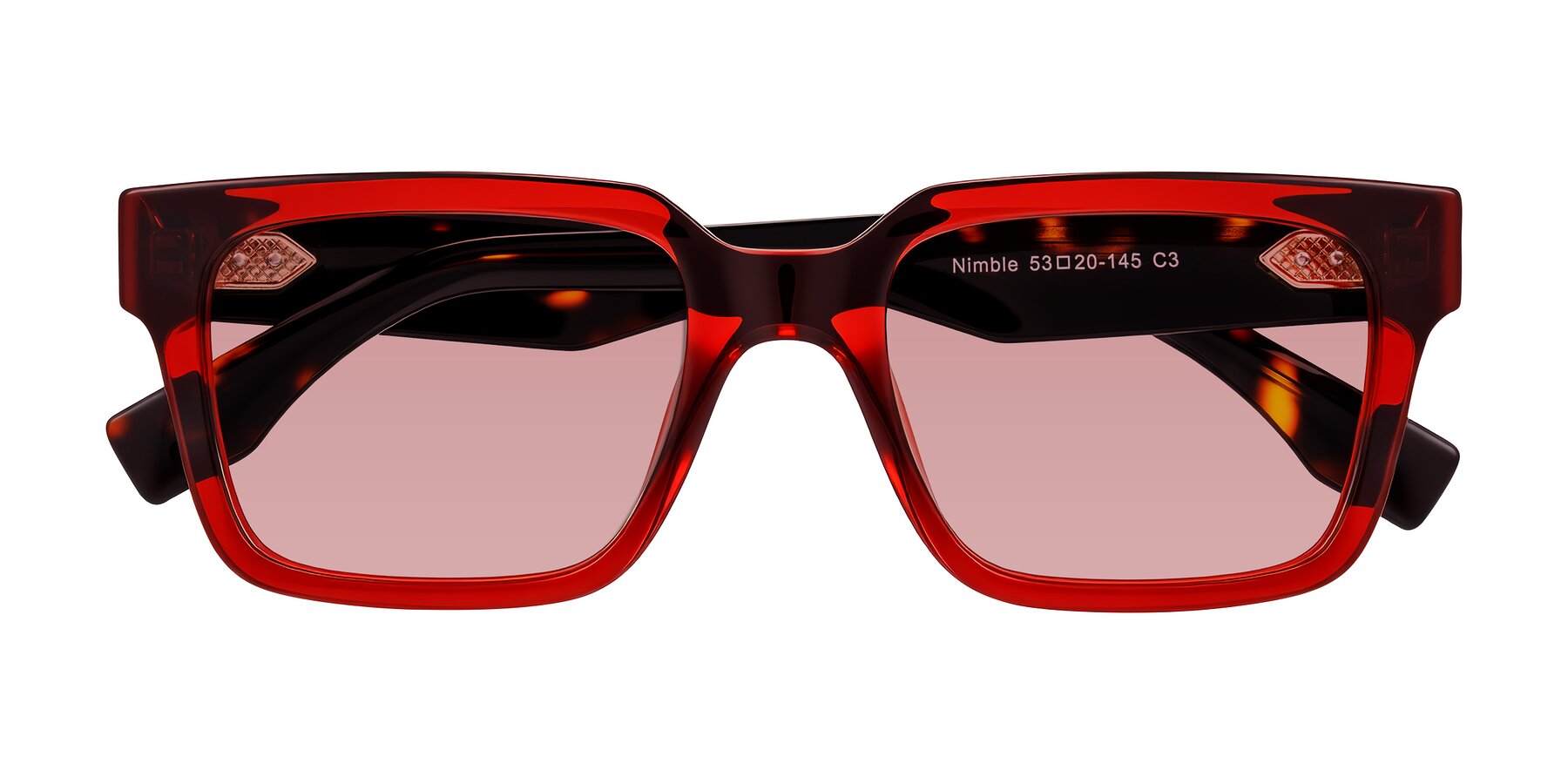 Folded Front of Nimble in Wine/Tortoise with Medium Garnet Tinted Lenses