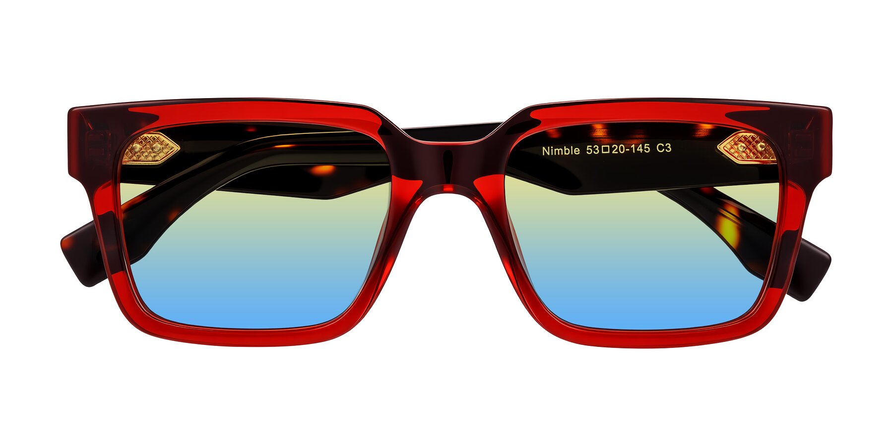 Folded Front of Nimble in Wine/Tortoise with Yellow / Blue Gradient Lenses