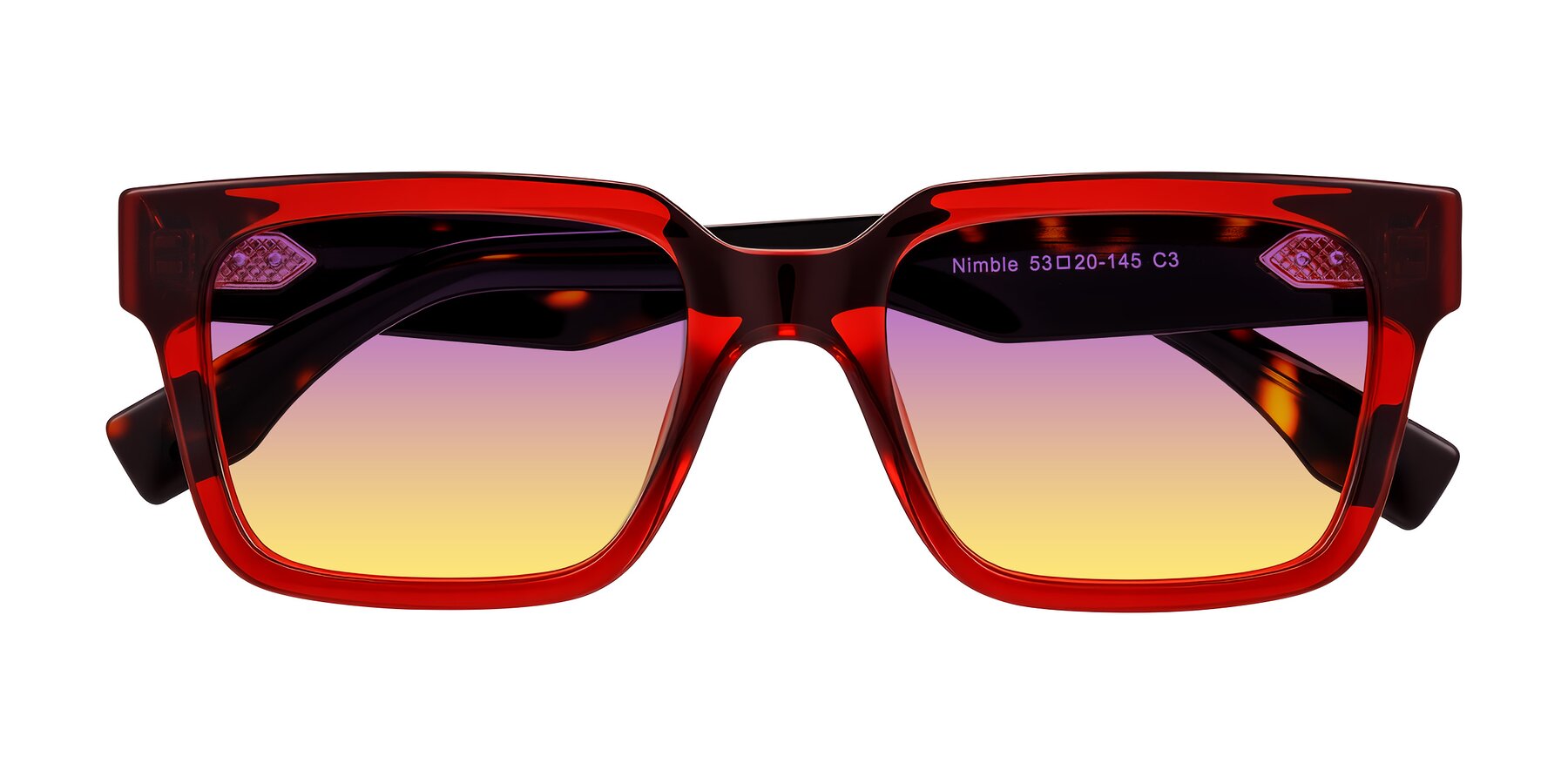 Folded Front of Nimble in Wine/Tortoise with Purple / Yellow Gradient Lenses
