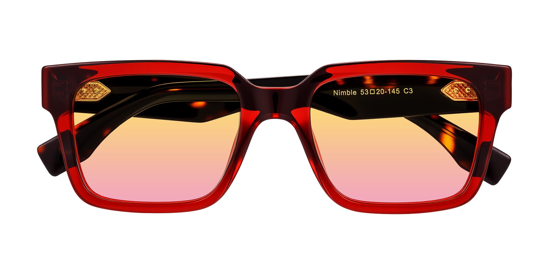 Folded Front of Nimble in Wine/Tortoise with Yellow / Pink Gradient Lenses