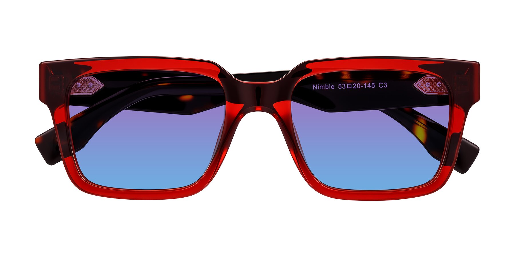 Folded Front of Nimble in Wine/Tortoise with Purple / Blue Gradient Lenses