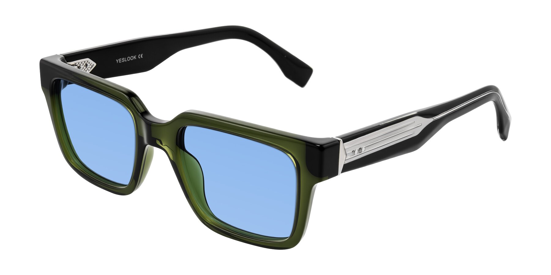 Angle of Nimble in Dark Green with Medium Blue Tinted Lenses