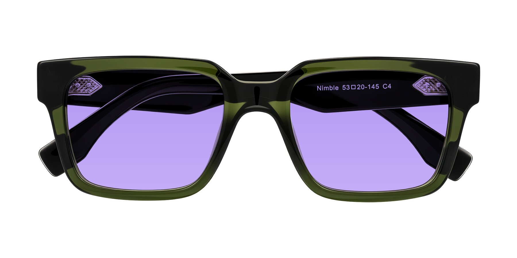 Folded Front of Nimble in Dark Green with Medium Purple Tinted Lenses