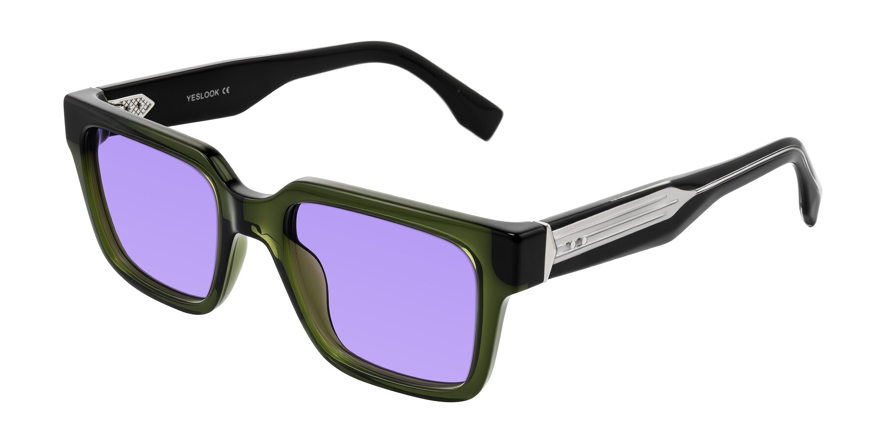 Angle of Nimble in Dark Green with Medium Purple Tinted Lenses