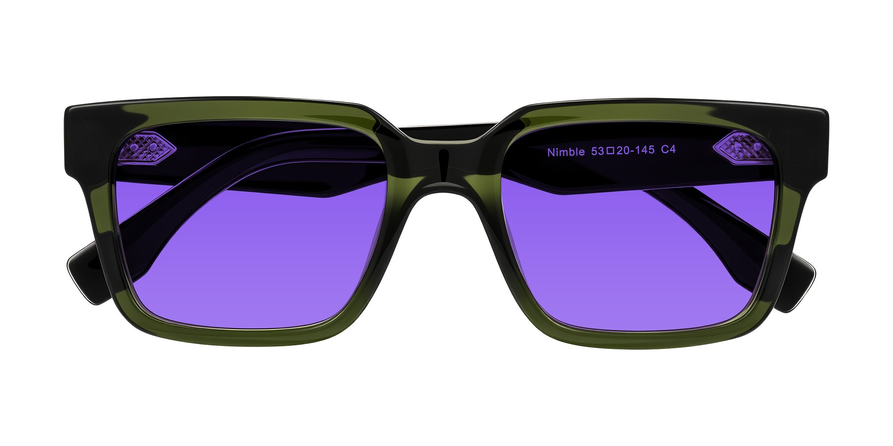 Folded Front of Nimble in Dark Green with Purple Tinted Lenses
