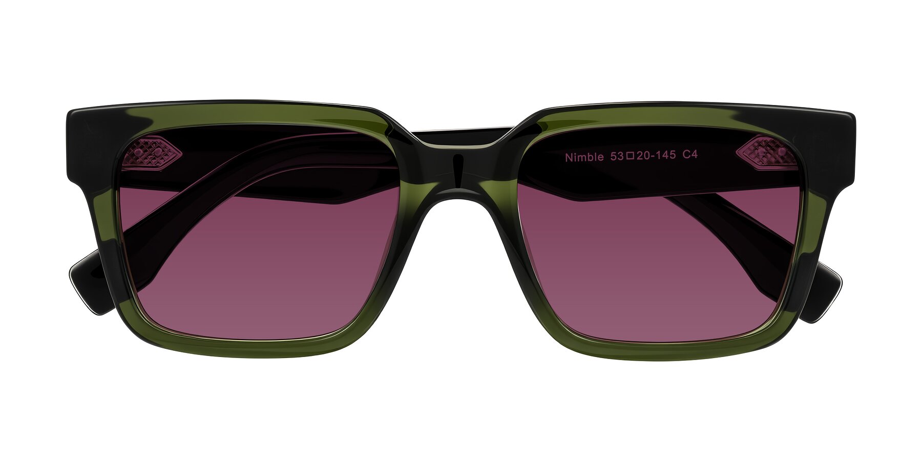 Folded Front of Nimble in Dark Green with Wine Tinted Lenses
