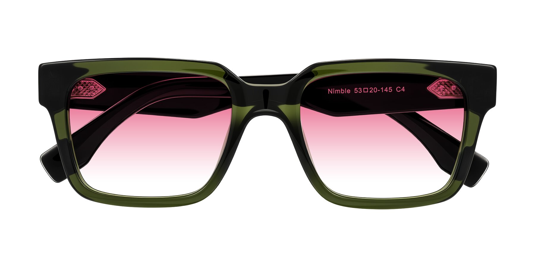 Folded Front of Nimble in Dark Green with Pink Gradient Lenses