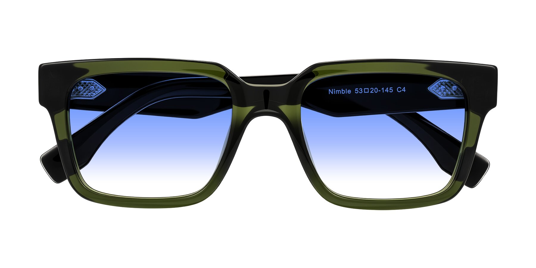 Folded Front of Nimble in Dark Green with Blue Gradient Lenses
