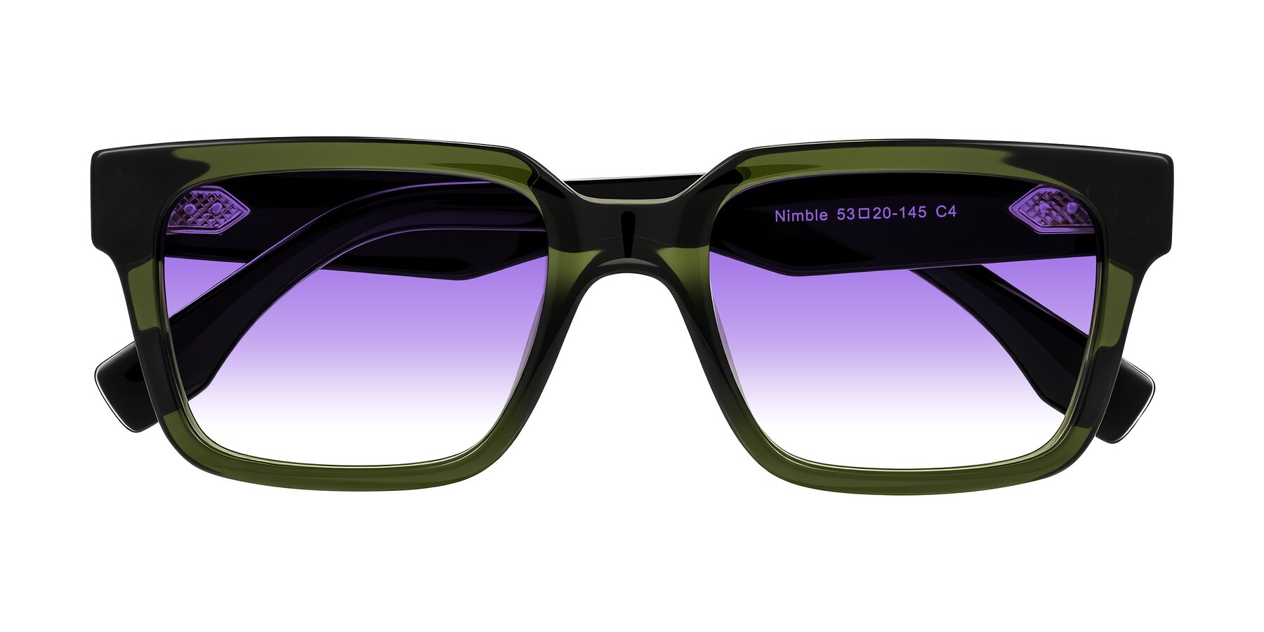 Folded Front of Nimble in Dark Green with Purple Gradient Lenses