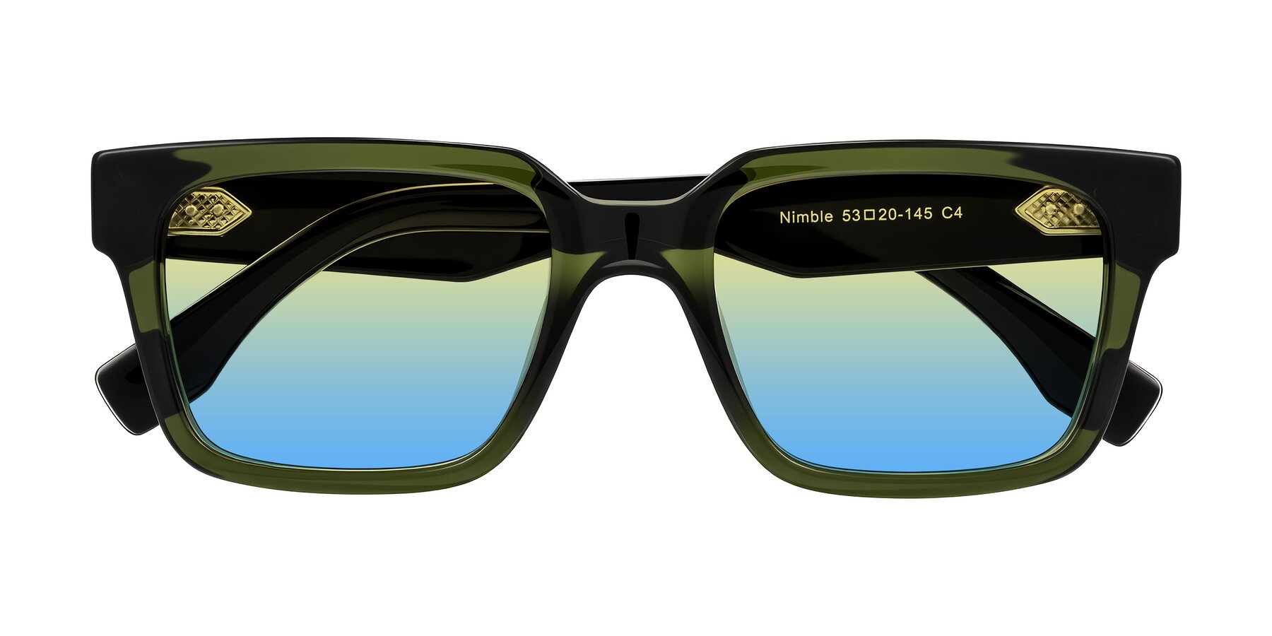 Folded Front of Nimble in Dark Green with Yellow / Blue Gradient Lenses