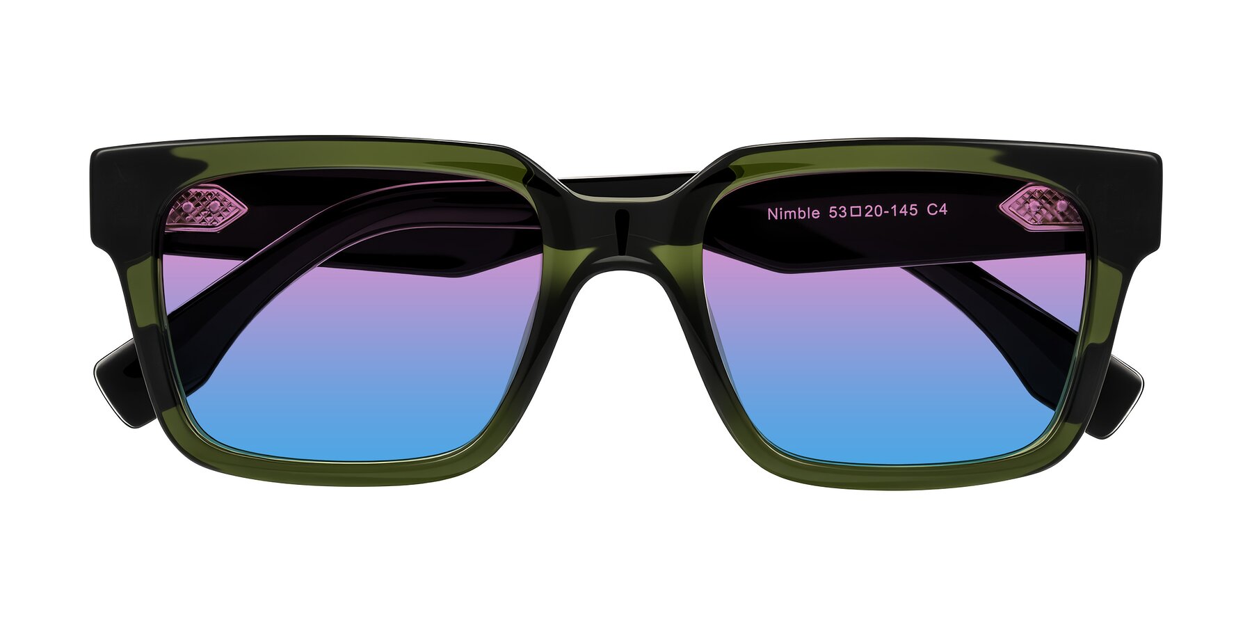Folded Front of Nimble in Dark Green with Pink / Blue Gradient Lenses