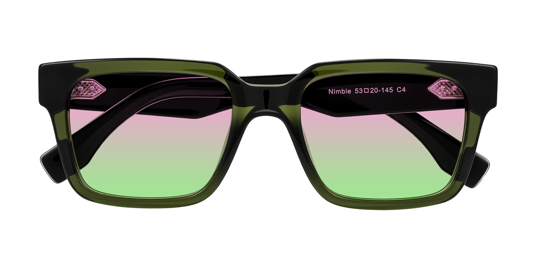 Folded Front of Nimble in Dark Green with Pink / Green Gradient Lenses