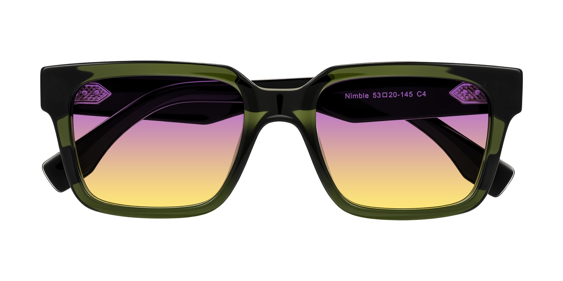Folded Front of Nimble in Dark Green with Purple / Yellow Gradient Lenses