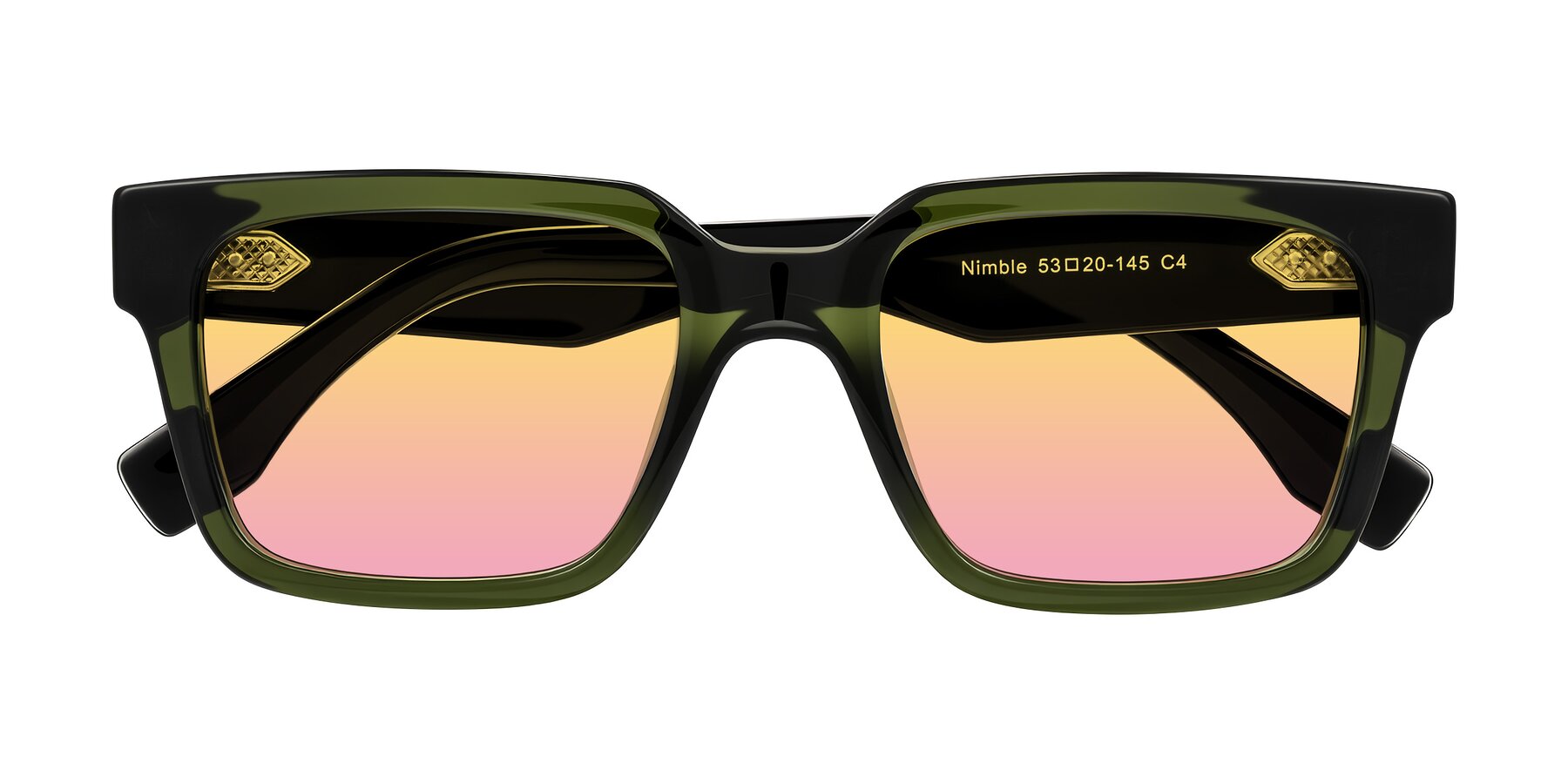 Folded Front of Nimble in Dark Green with Yellow / Pink Gradient Lenses