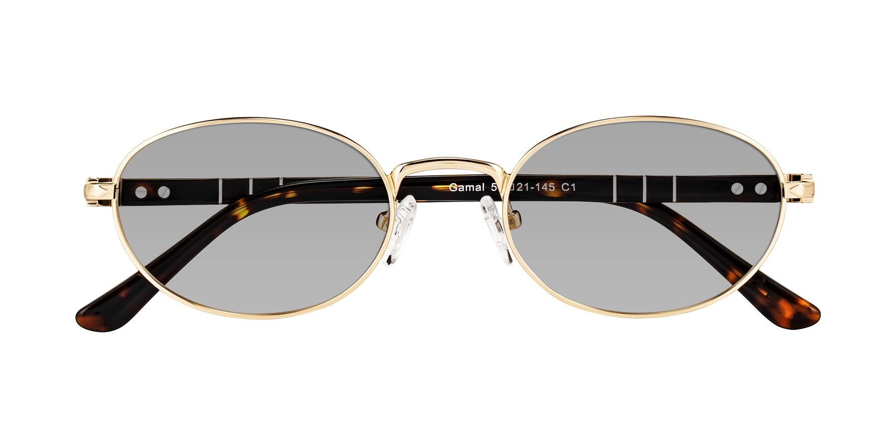 Folded Front of Gamal in Gold/Tortoise with Light Gray Tinted Lenses