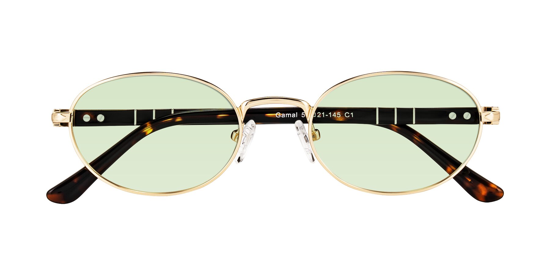 Folded Front of Gamal in Gold/Tortoise with Light Green Tinted Lenses