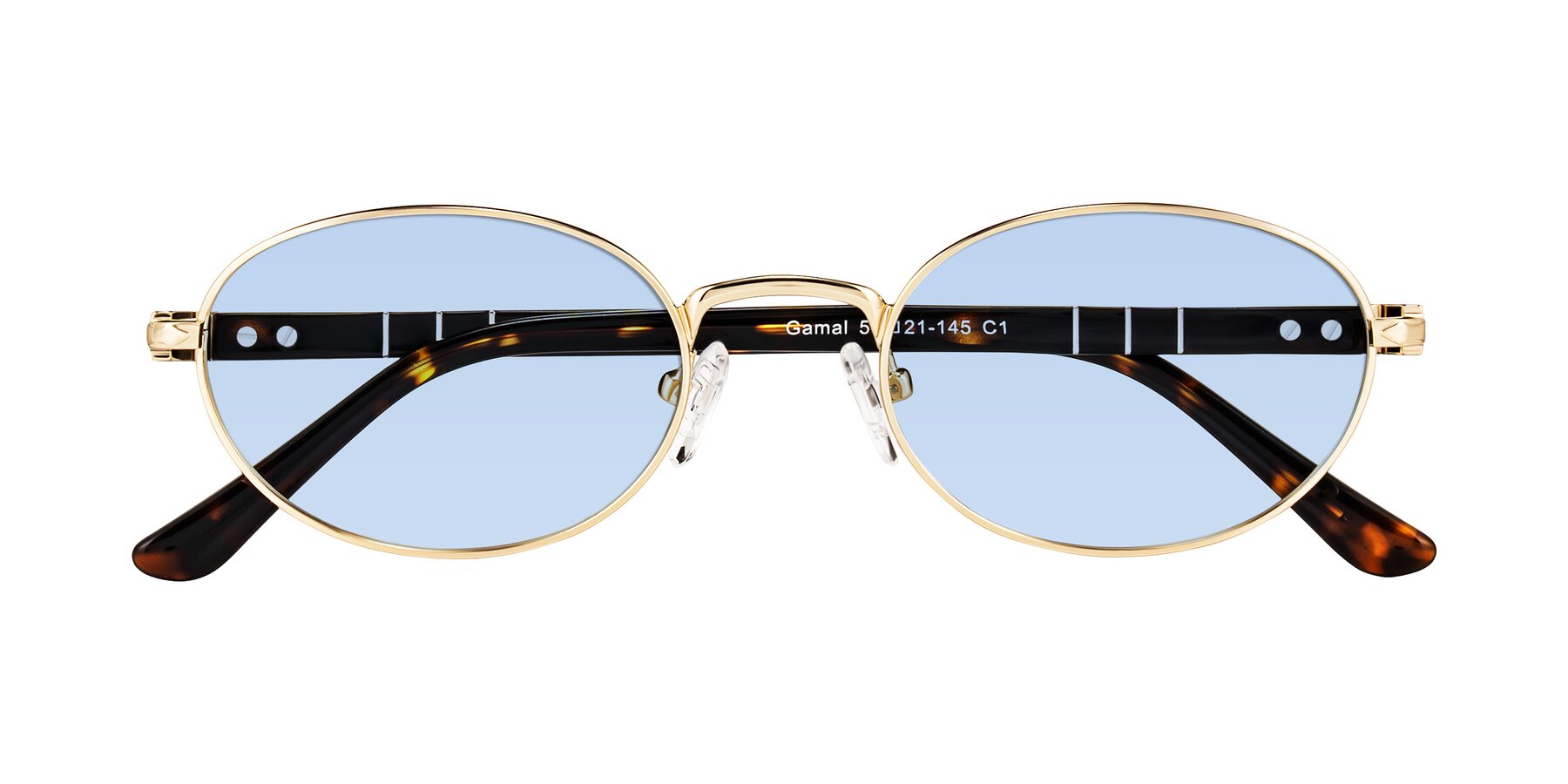 Folded Front of Gamal in Gold/Tortoise with Light Blue Tinted Lenses