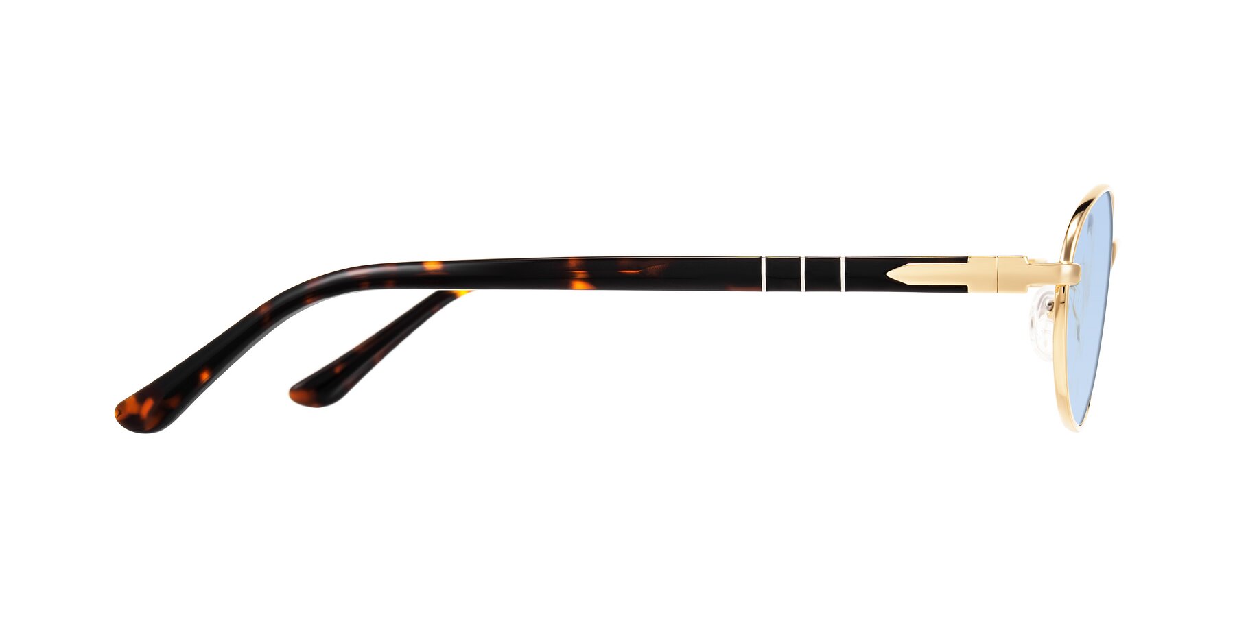 Side of Gamal in Gold/Tortoise with Light Blue Tinted Lenses