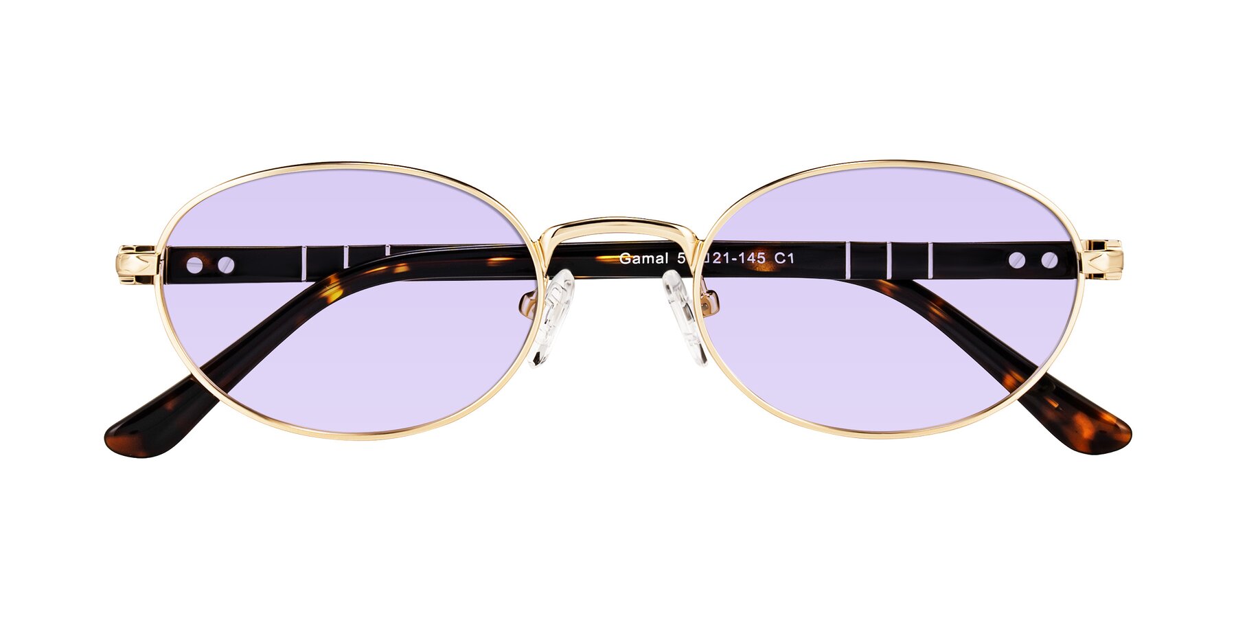 Folded Front of Gamal in Gold/Tortoise with Light Purple Tinted Lenses