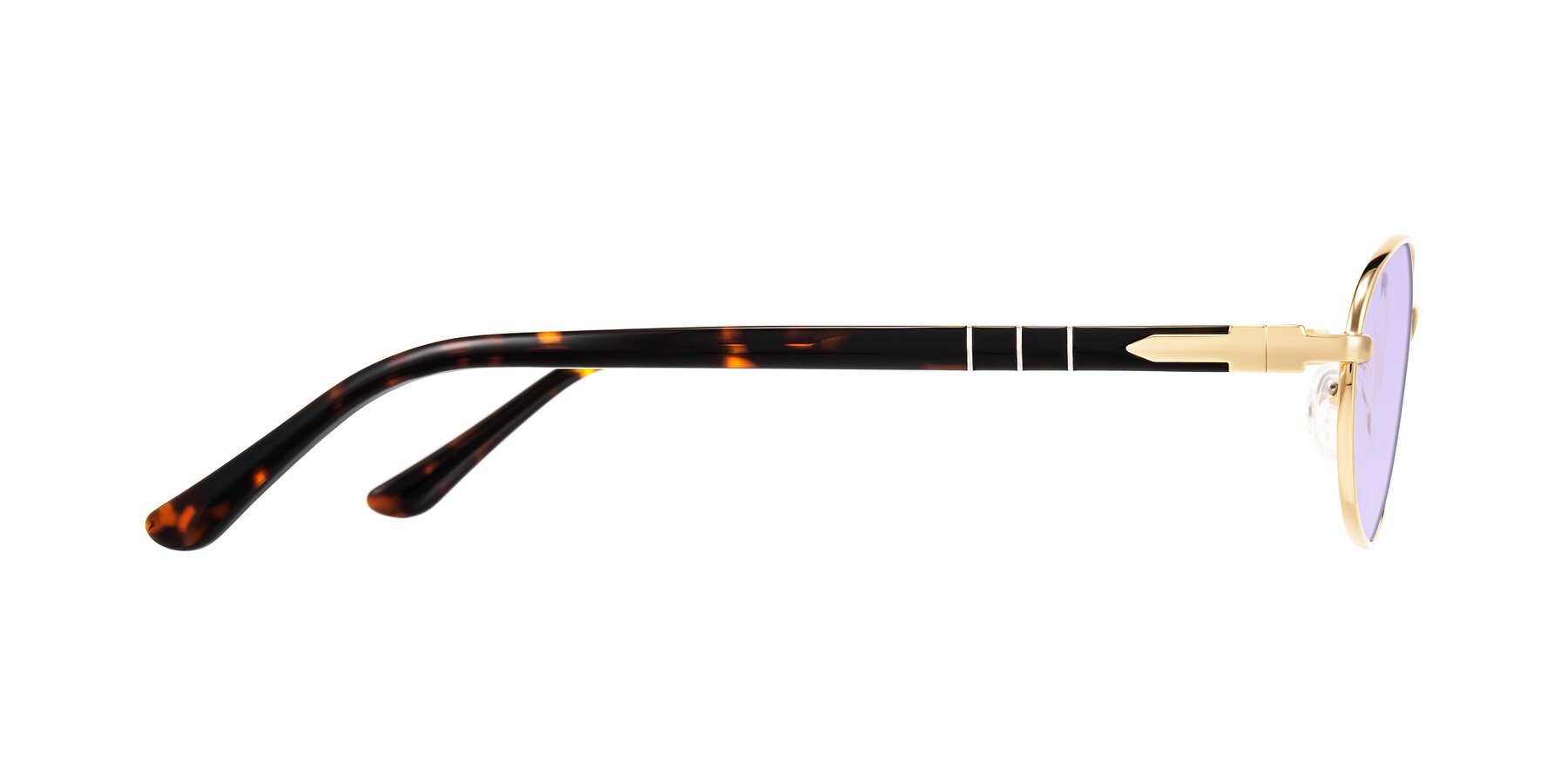 Side of Gamal in Gold/Tortoise with Light Purple Tinted Lenses