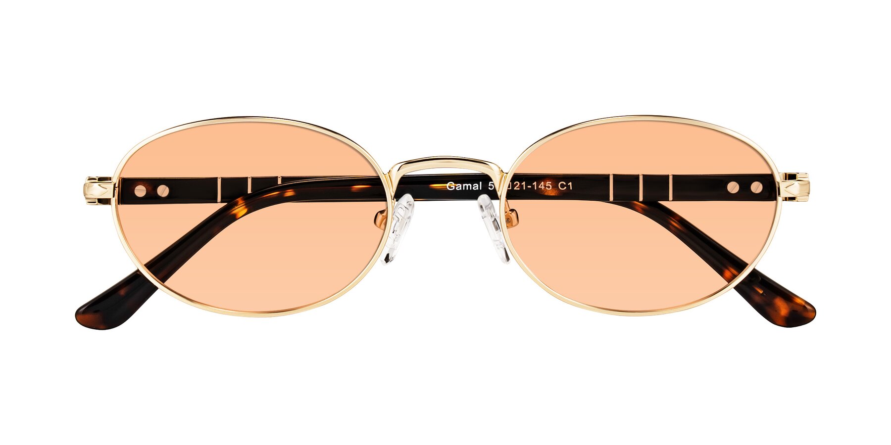 Folded Front of Gamal in Gold/Tortoise with Light Orange Tinted Lenses