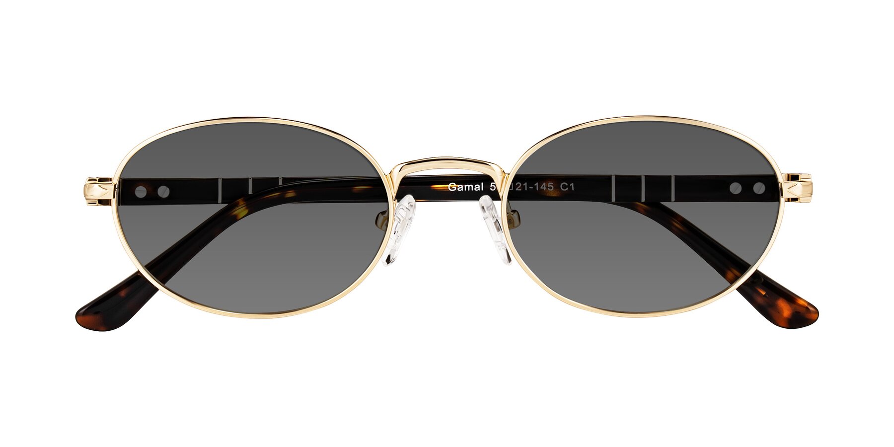 Folded Front of Gamal in Gold/Tortoise with Medium Gray Tinted Lenses