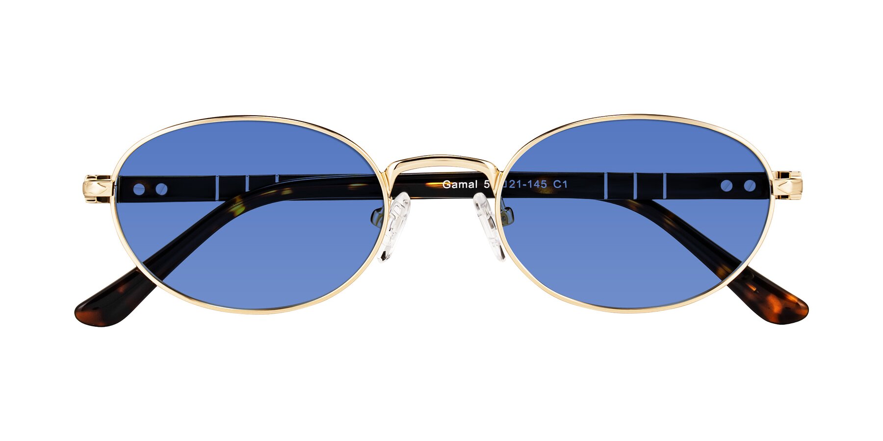 Folded Front of Gamal in Gold/Tortoise with Blue Tinted Lenses