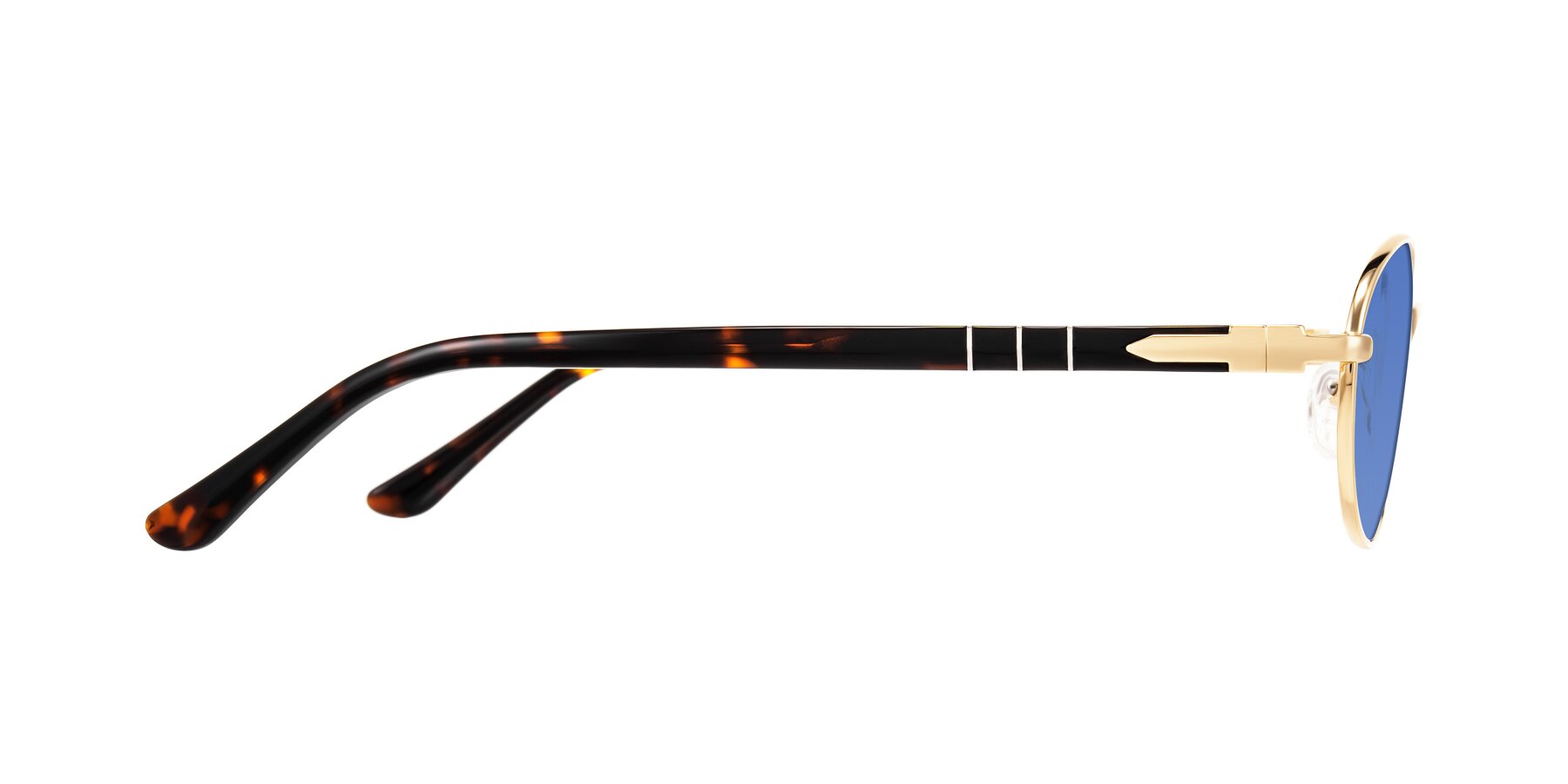 Side of Gamal in Gold/Tortoise with Blue Tinted Lenses