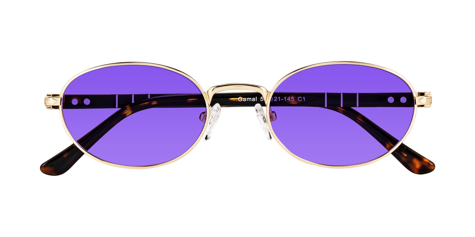 Folded Front of Gamal in Gold/Tortoise with Purple Tinted Lenses