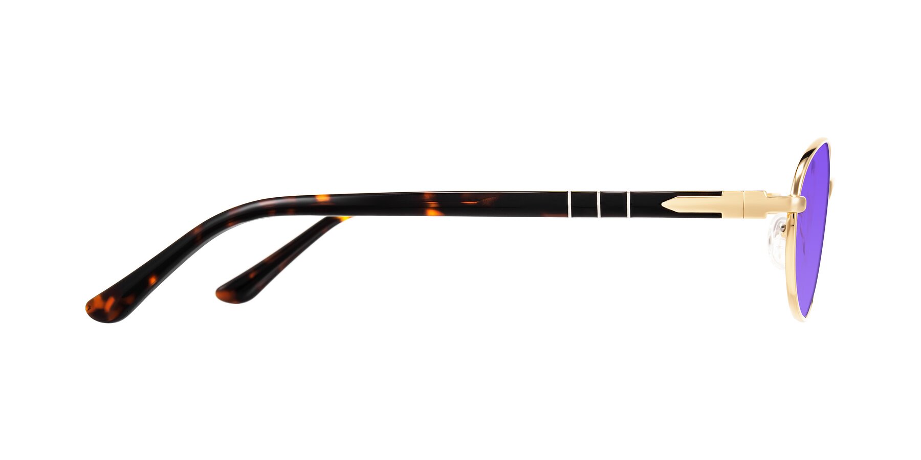 Side of Gamal in Gold/Tortoise with Purple Tinted Lenses