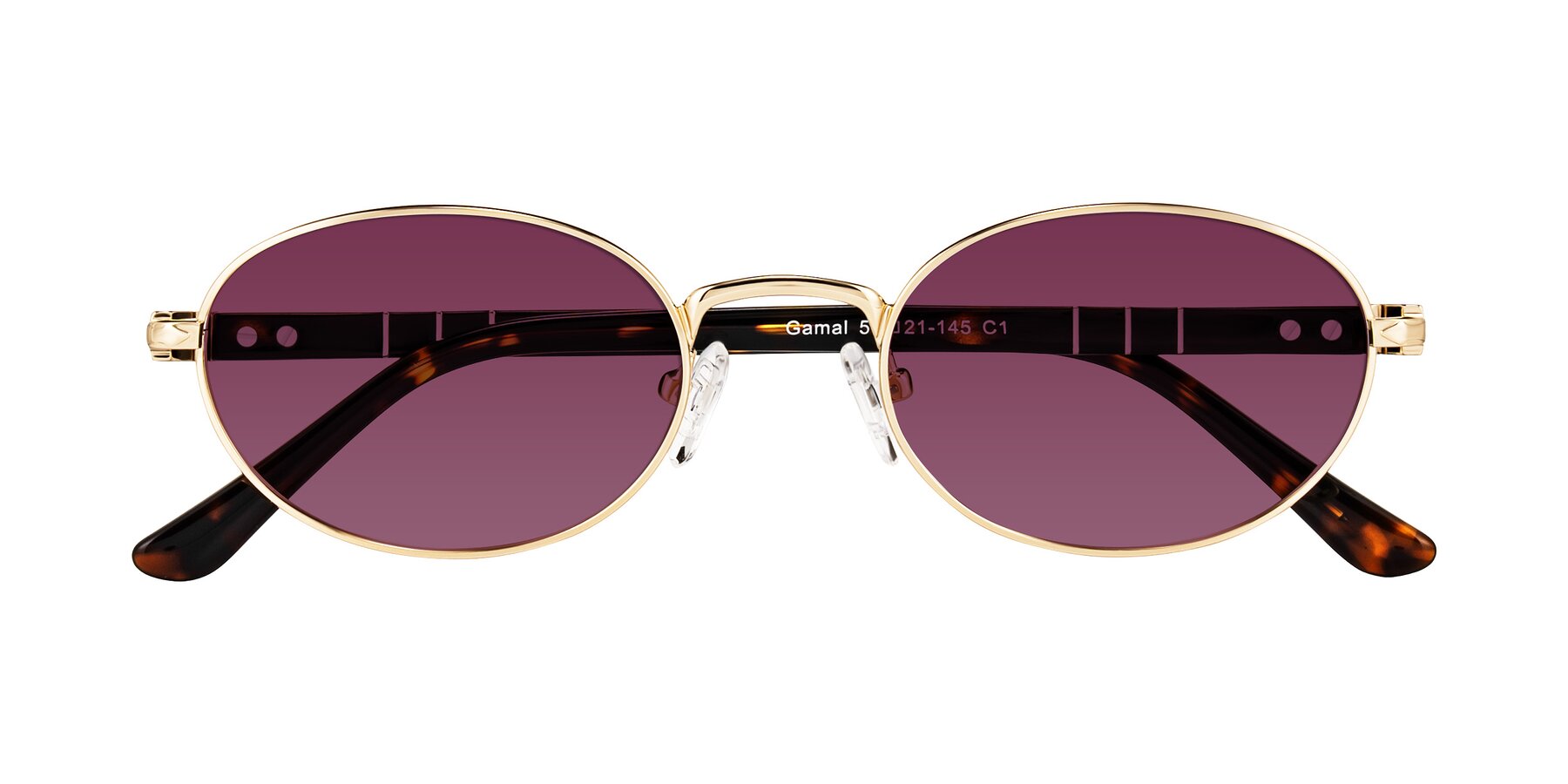 Folded Front of Gamal in Gold/Tortoise with Wine Tinted Lenses