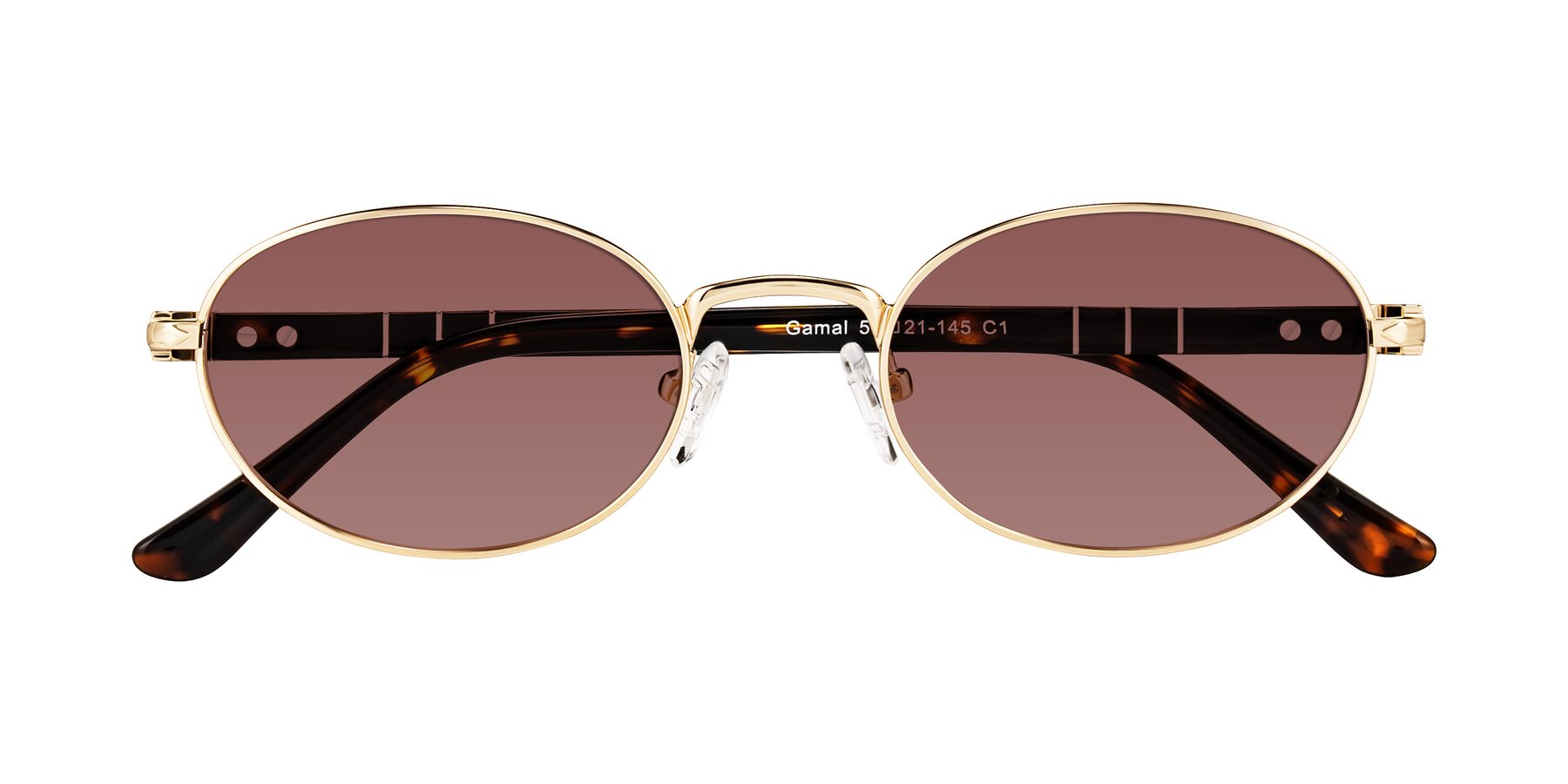 Folded Front of Gamal in Gold/Tortoise with Garnet Tinted Lenses