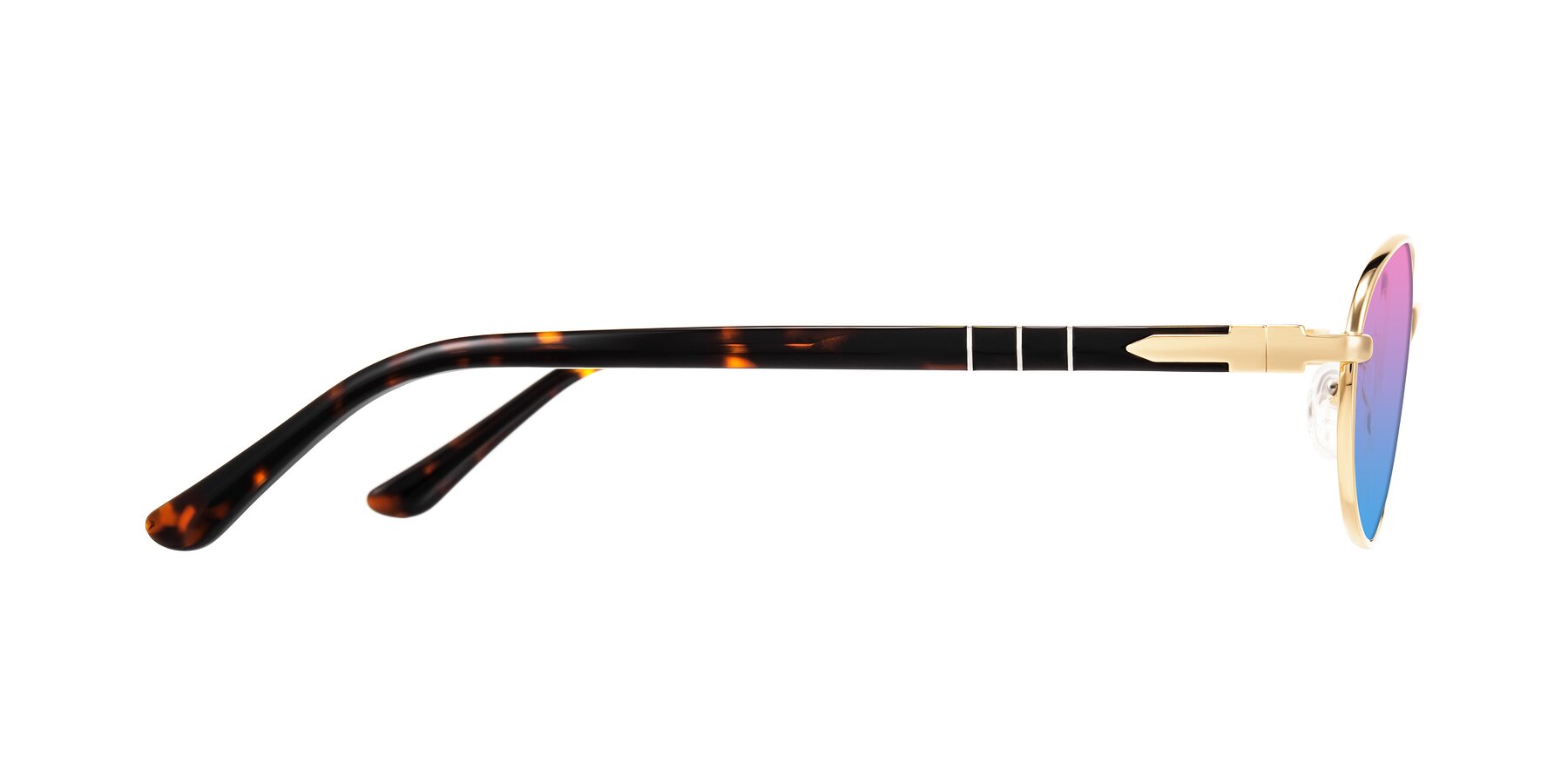 Side of Gamal in Gold/Tortoise with Pink / Blue Gradient Lenses